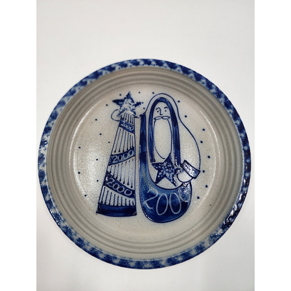Eldreth Pottery 2000 Salt Glazed Santa Christmas Tree Blue Cobalt Plate 9.75in